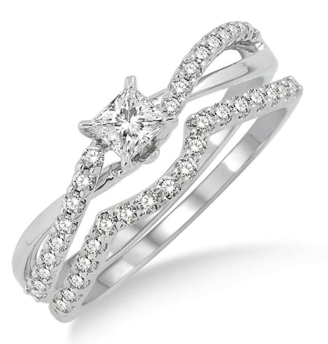 1.00 Carat Bridal Set with Round Cut Diamond in 10k White Gold - JeenJewels