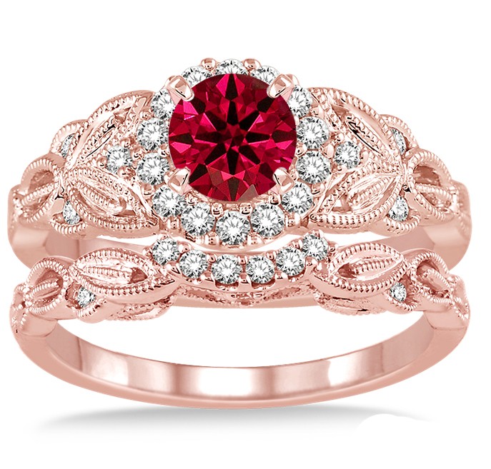 125 Carat Ruby And Diamond Vintage Floral Bridal Set Engagement Ring On