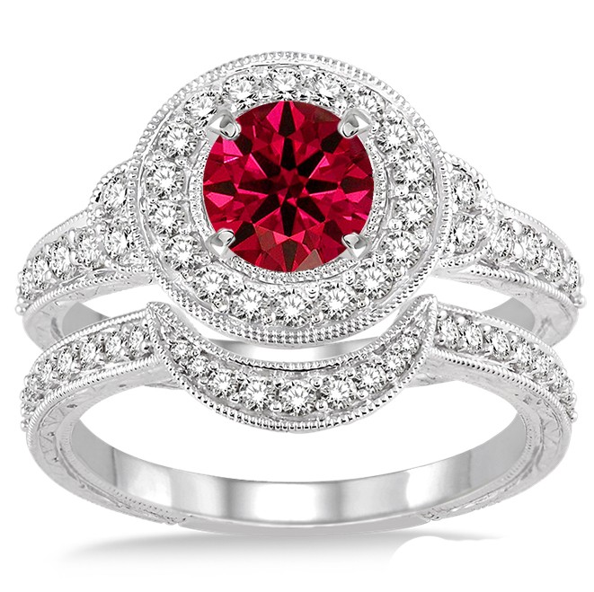 1.5 Carat Ruby & Diamond Antique Halo Bridal Set Engagement Ring on 10k ...