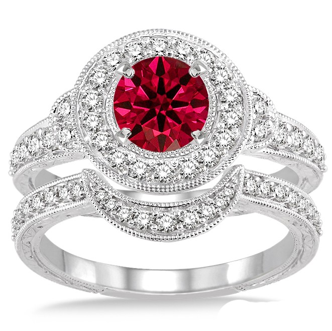 1.5 Carat Ruby & Diamond Antique Halo Bridal Set Engagement Ring on 10k