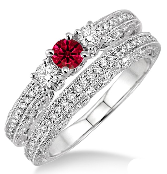 2 Carat Ruby & Diamond Antique Bridal set on 10k White Gold - JeenJewels