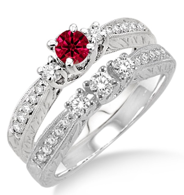 1.5 Carat Ruby & Diamond Antique Bridal set on 10k White Gold - JeenJewels