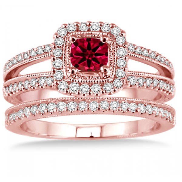 2 Carat Ruby And Diamond Antique Bridal Set Halo Ring On 10k Rose Gold Jeenjewels