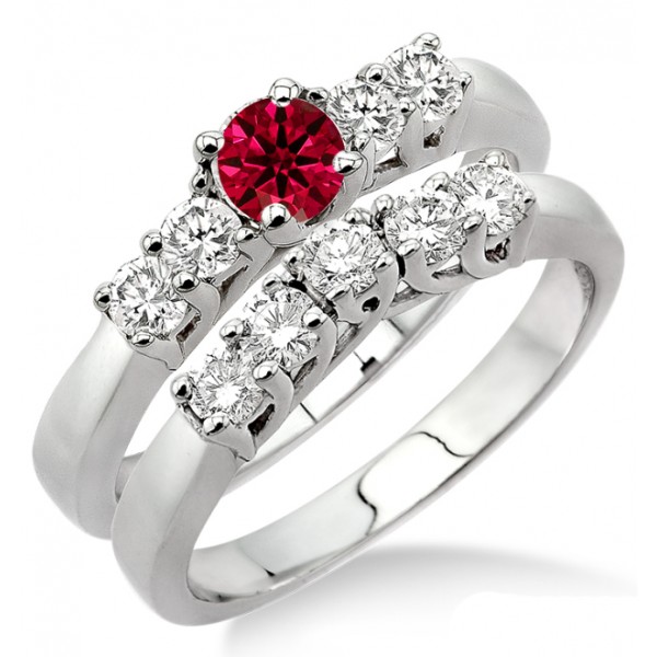 1.5 Carat Ruby & Diamond Five Stone Bridal Set on 10k White Gold ...