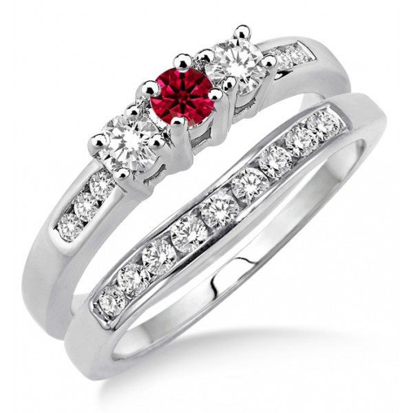 2 Carat Ruby And Diamond Elegant Three Stone Trilogy Round Cut Bridal Set On 10k White Gold