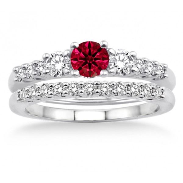 1.5 Carat Ruby & Diamond Trilogy Bridal set on 10k White Gold - JeenJewels