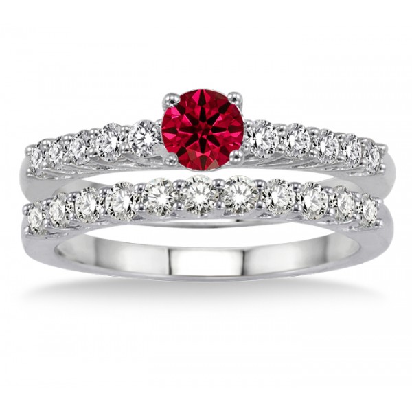 1.5 Carat Ruby & Diamond Elegant Bridal Set on 10k White Gold - JeenJewels