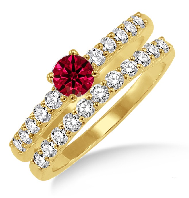 1.5 Carat Ruby & Diamond Elegant Bridal Set on 10k Yellow Gold - JeenJewels