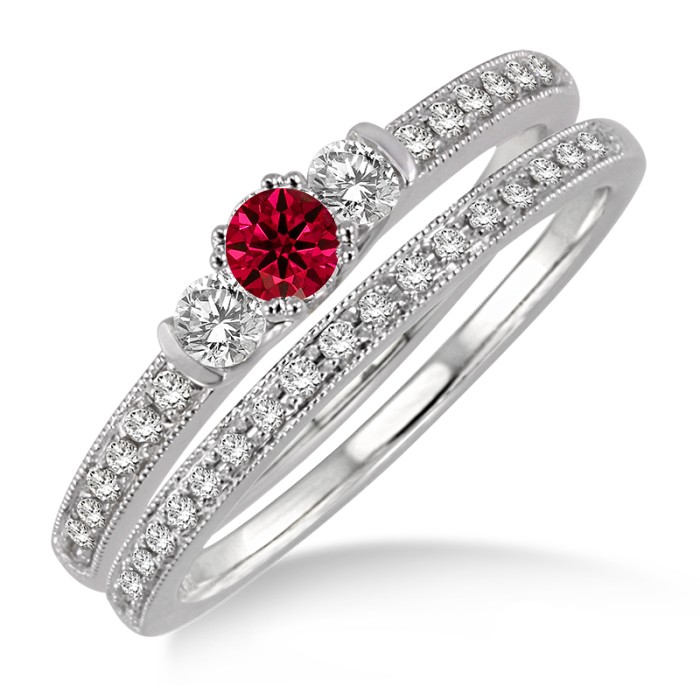 1.5 Carat Ruby & Diamond Three Stone Bridal Set on 10k White Gold ...