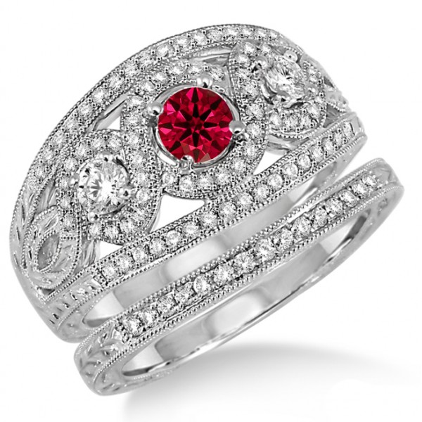 2 Carat Ruby & Diamond Trilogy set Ring on 10k White Gold - JeenJewels