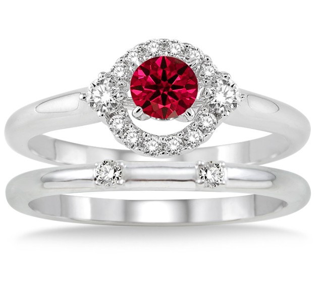 1.25 Carat Ruby & Diamond Elegant Flower Halo Bridal Set on 10k White ...