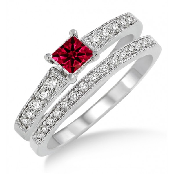 1.5 Carat Ruby & Diamond Antique Flower Bridal Set on 10k White Gold ...