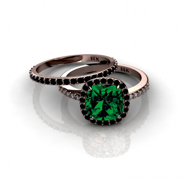 2.00 carat Emerald and Black diamond Halo Bridal Set in 10k Rose Gold ...
