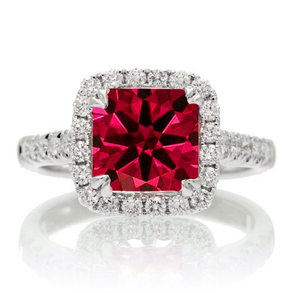 1.5 Carat Cushion Cut Ruby Halo Engagement Ring for Women on 10k White ...