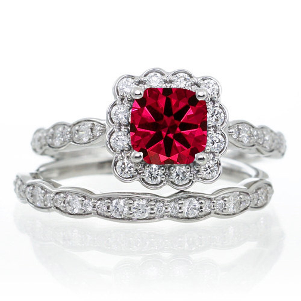2 Carat Ruby and Diamond Halo Bridal Ring Set on 10k Rose Gold - JeenJewels