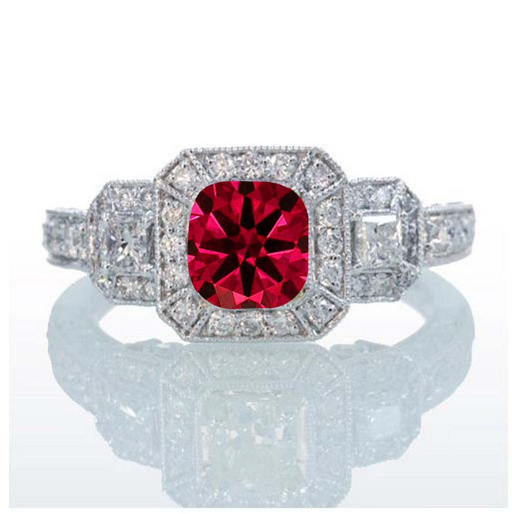 2 Carat Princess Cut Trilogy Ruby and Diamond Vintage Halo Engagement ...