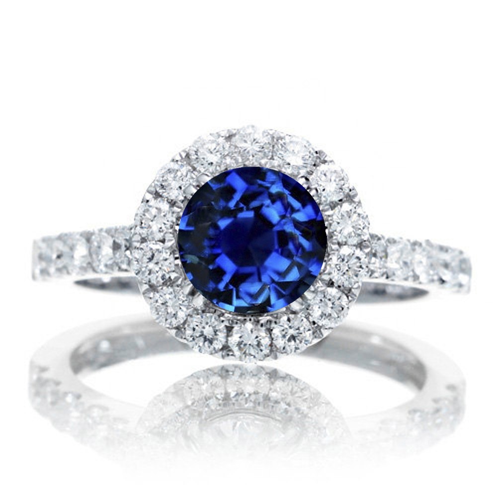 1.5 Carat Round Classic Halo Sapphire and Diamond Engagment ring on 10k ...