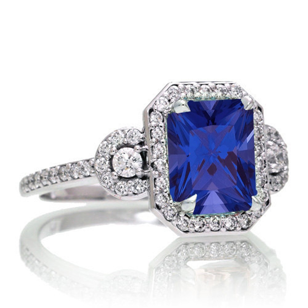 1.5 Carat Emerald Cut Three Stone Sapphire Halo Diamond Ring on 10k ...