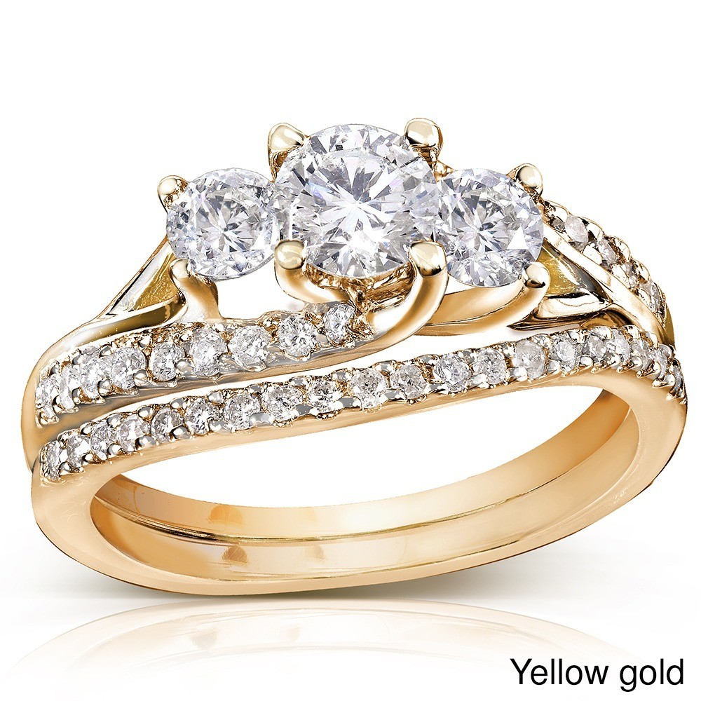 GIA Certified 1 Carat Trilogy Round Diamond Wedding Ring Set in Yellow ...