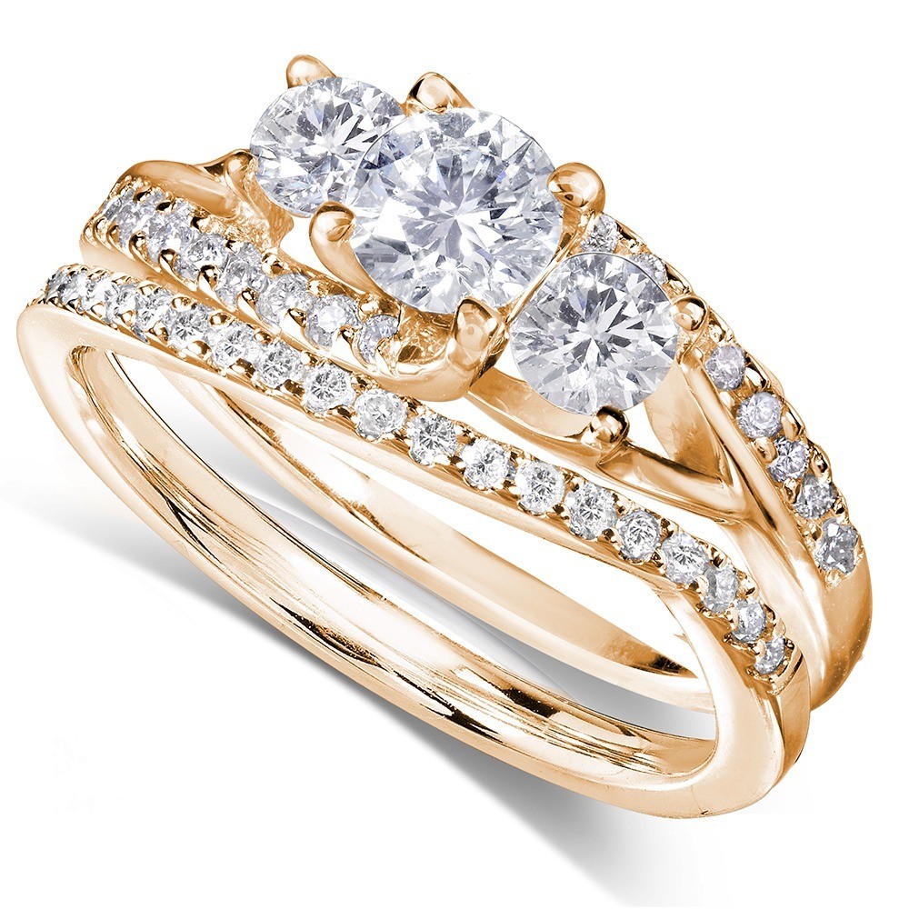 GIA Certified Carat Trilogy Round Diamond Wedding Ring Set In Yellow Gold JeenJewels