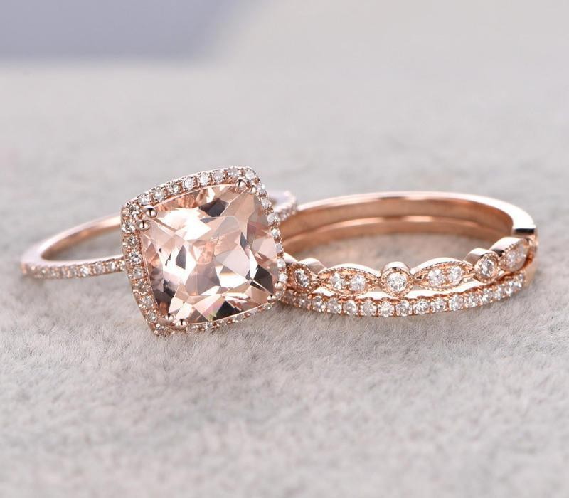 Sale 2 carat Morganite and Diamond Trio Wedding Bridal Ring Set in 10k ...