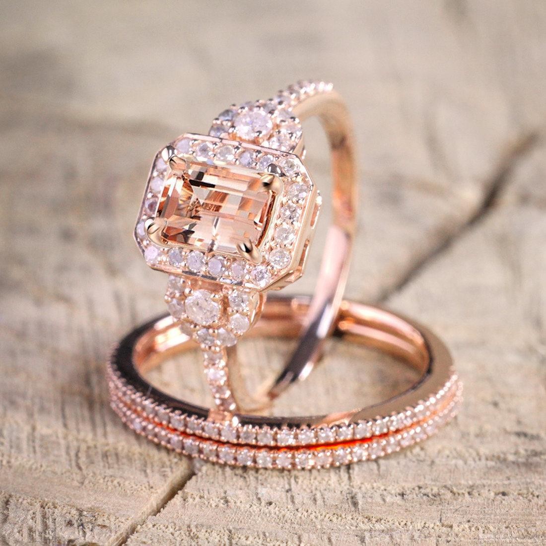 Limited Time Sale 2 carat Morganite and Diamond Trio Ring Set in 10k